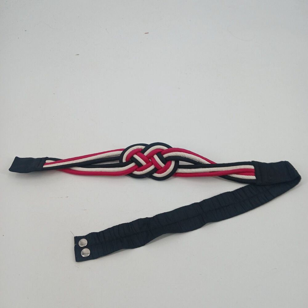 Vintage Woven Silk Rope Belt Black Pink Cream Interlocking Knot Buckle size M